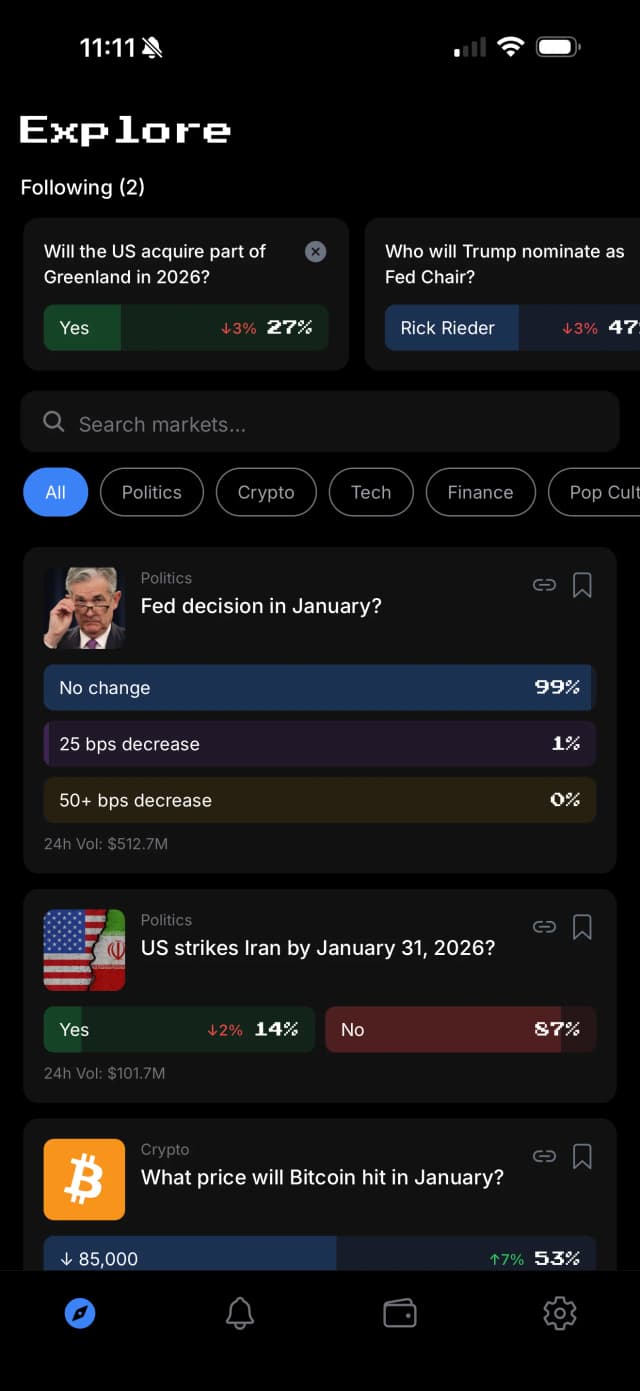 Polly explore screen showing prediction markets